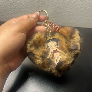 Faux Fur Heart Keychain with Cartoon Charm